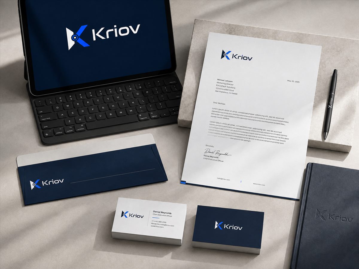 Kriov corporate stationery mockup — letterhead and business cards